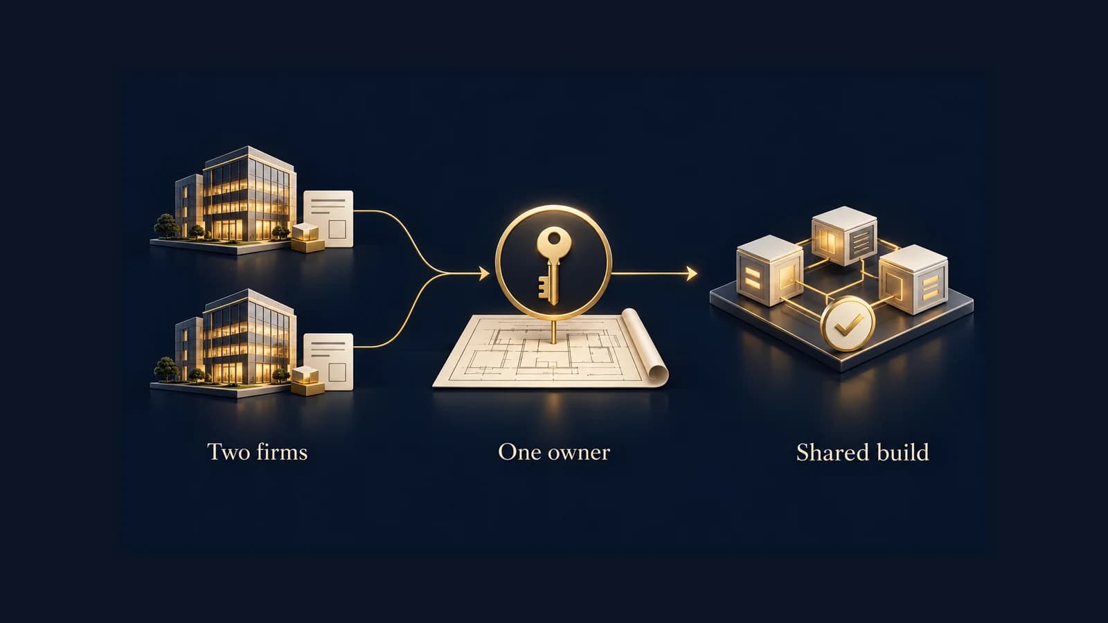 Diagram: two firms feed their work into one accountable owner, who delivers one shared build.