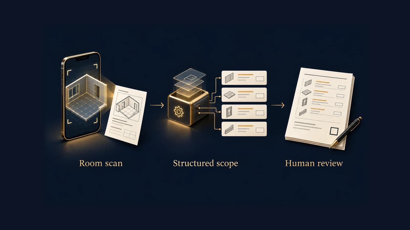 Diagram: a phone room scan becomes a structured scope, then an estimate that a person reviews.