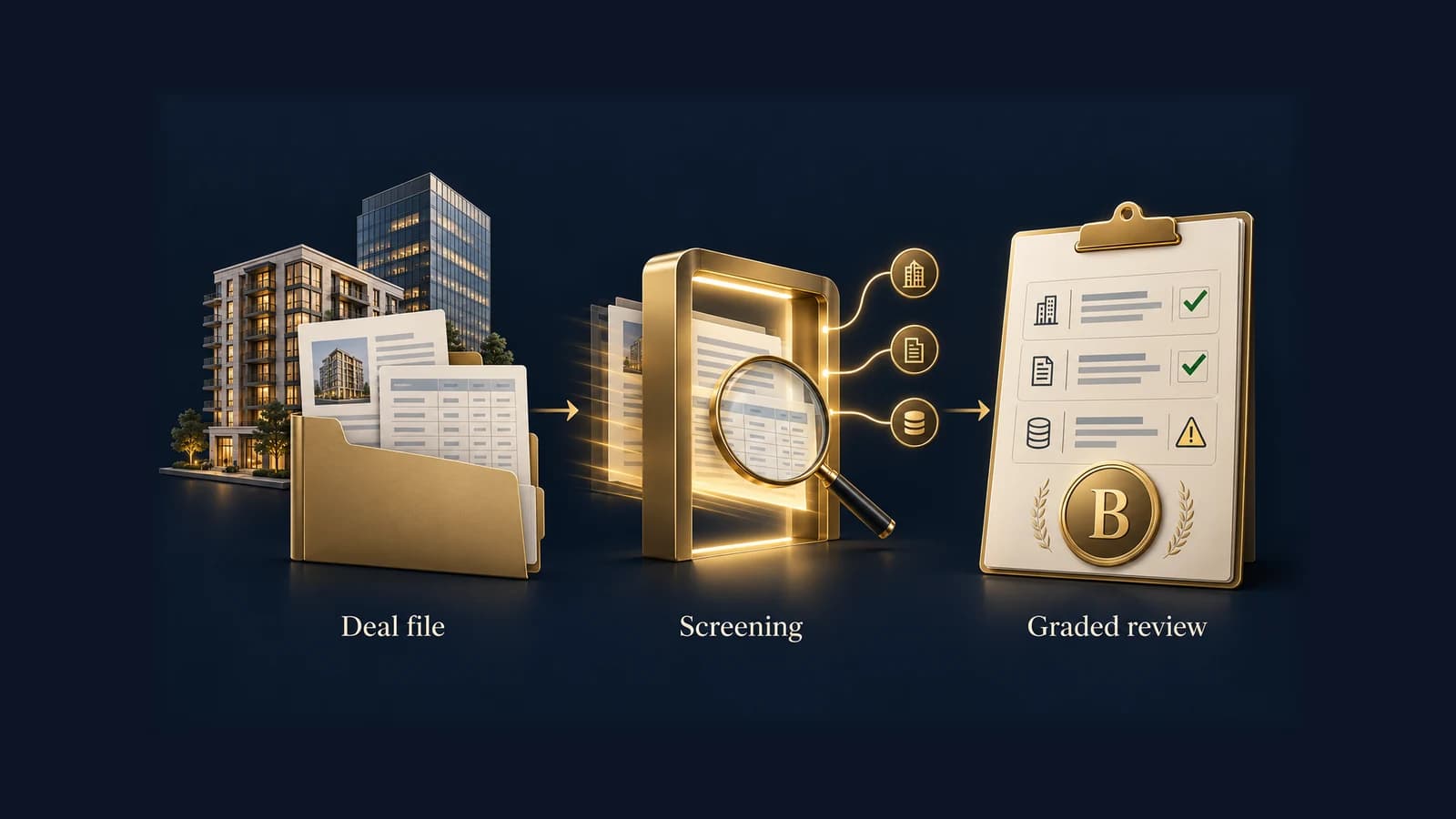 Diagram: a commercial real estate deal file goes through a screening step and comes out as a graded review for a person to check.