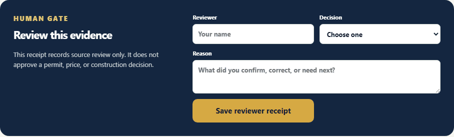 The human review gate in the Tom interface, with fields for reviewer name, decision and reason, and a save reviewer receipt button